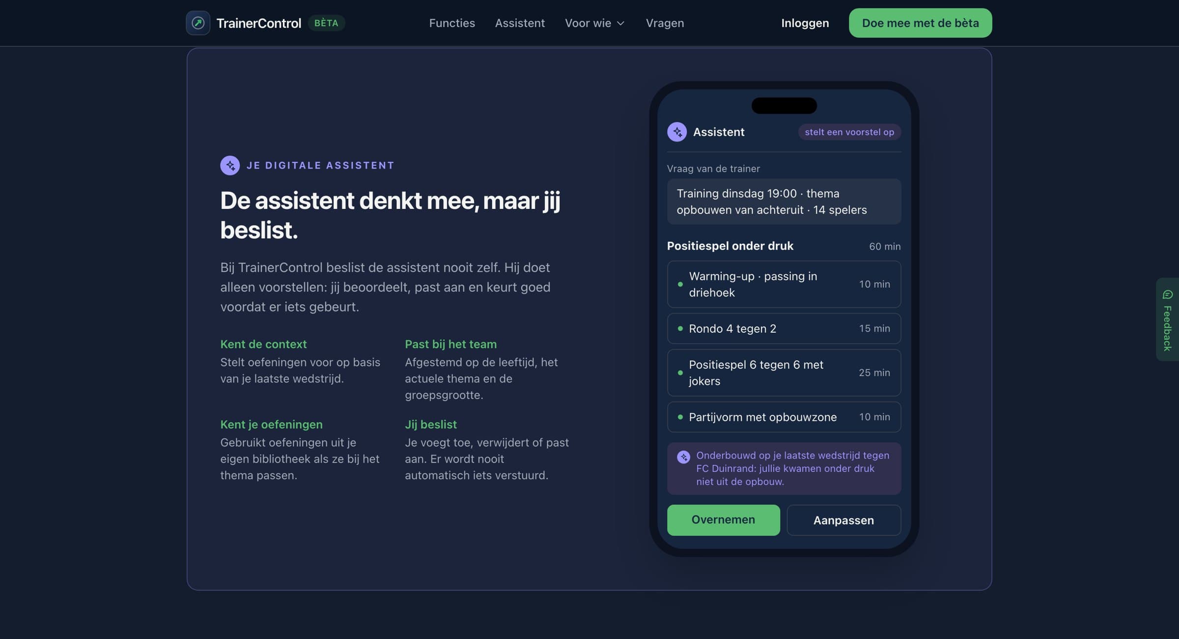 De assistent van TrainerControl stelt een trainingsplan voor